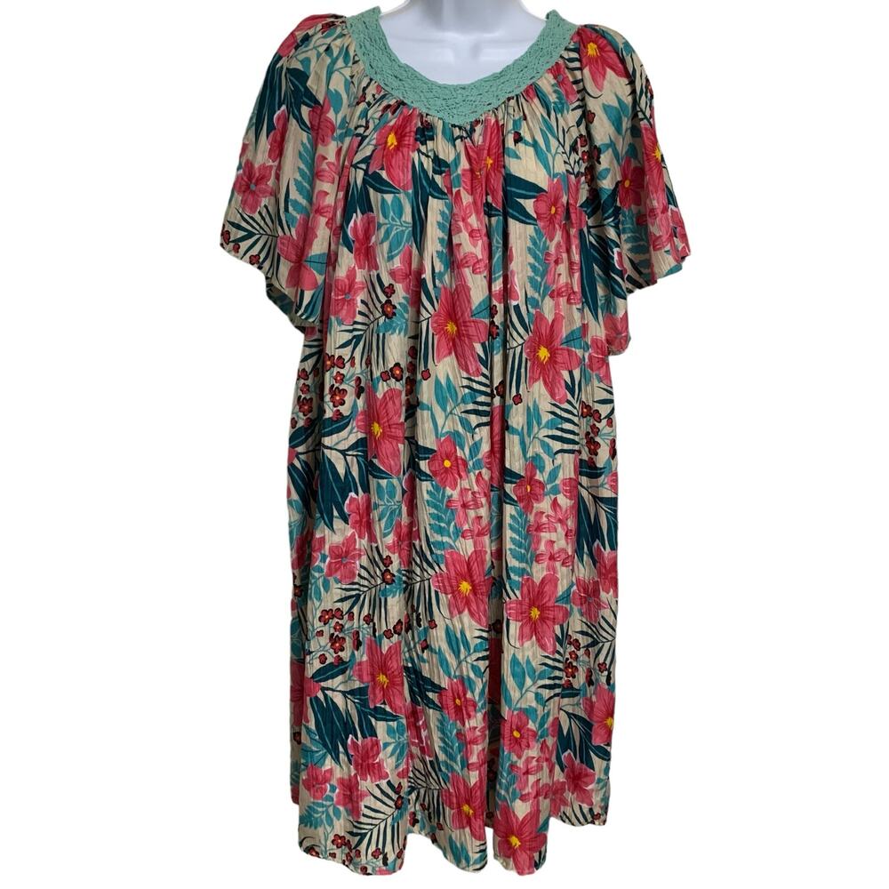 CW Classics Crinkle Patio Crochet Trim Maxi Dress Womens Size L